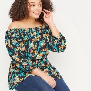 Adorable Lane Bryant black floral off shoulder cinch waist top 22/24
